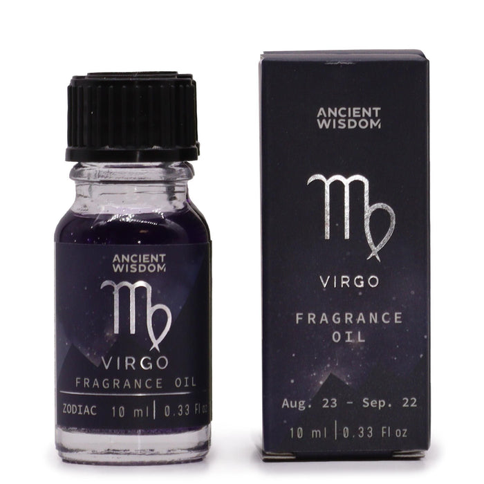 The Window, Milford Haven Virgo zodiac fragrance oil in a dark bottle with bio glitter next to its matching box.