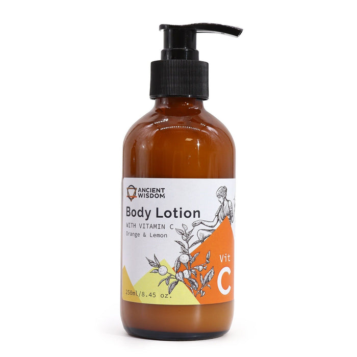 The Window, Milford Haven Vitamin C Goddess body lotion in a 250ml amber pump bottle with orange and lemon citrus scent.