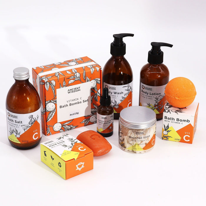 The Window, Milford Haven Vitamin C skincare collection featuring hand soap, bath salts, body wash, and lotion.