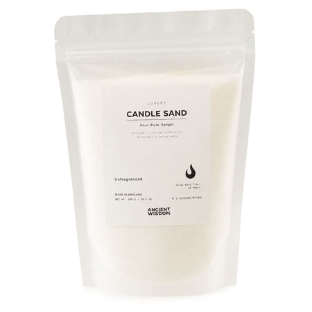 The Window, Milford Haven white unfragranced candle sand in a 300g resealable pouch with four cotton wicks.