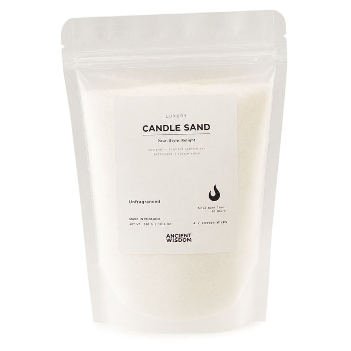 The Window, Milford Haven white unfragranced candle sand in a 300g resealable pouch with four cotton wicks.