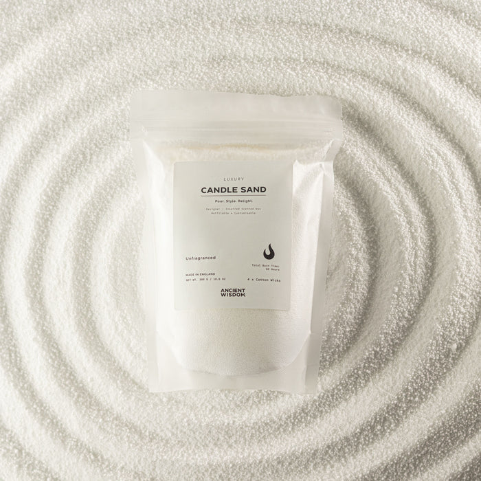 The Window, Milford Haven white unfragranced candle sand in a resealable pouch surrounded by loose wax beads