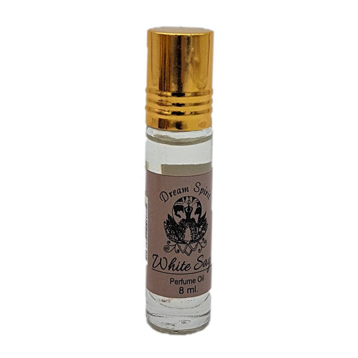 The Window, Milford Haven Dream Spirit White Sage roll-on perfume oil in an 8ml glass bottle with a gold cap.