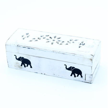 The Window, Milford Haven white-washed mango wood incense box with black elephant carvings and floral cutouts
