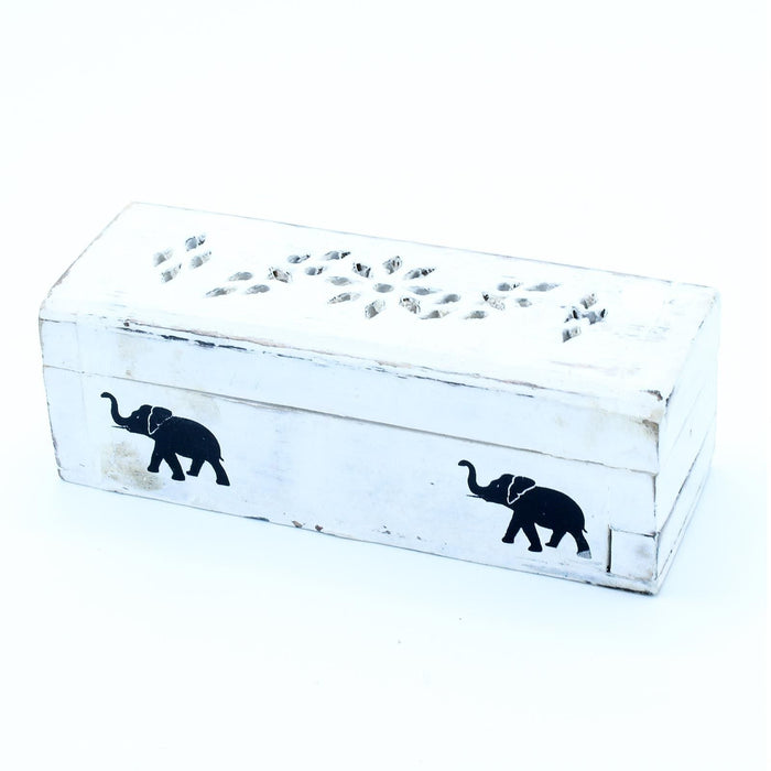 The Window, Milford Haven white-washed mango wood incense box with black elephant carvings and floral cutouts