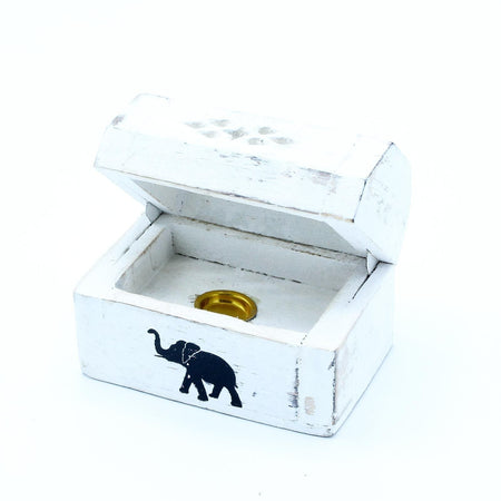 The Window, Milford Haven white-washed mango wood incense box with black elephant motif and gold cone holder