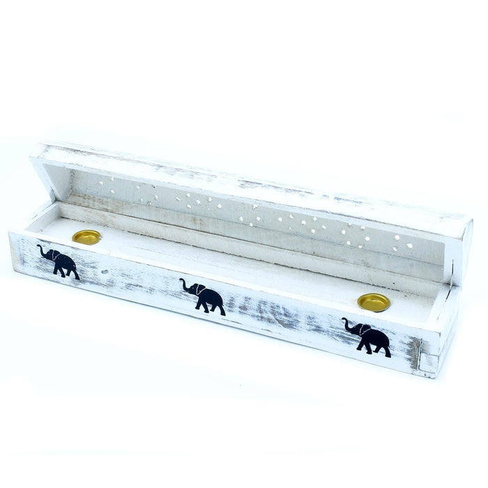 The Window, Milford Haven white-washed mango wood incense box with black elephant motifs and gold cone holders