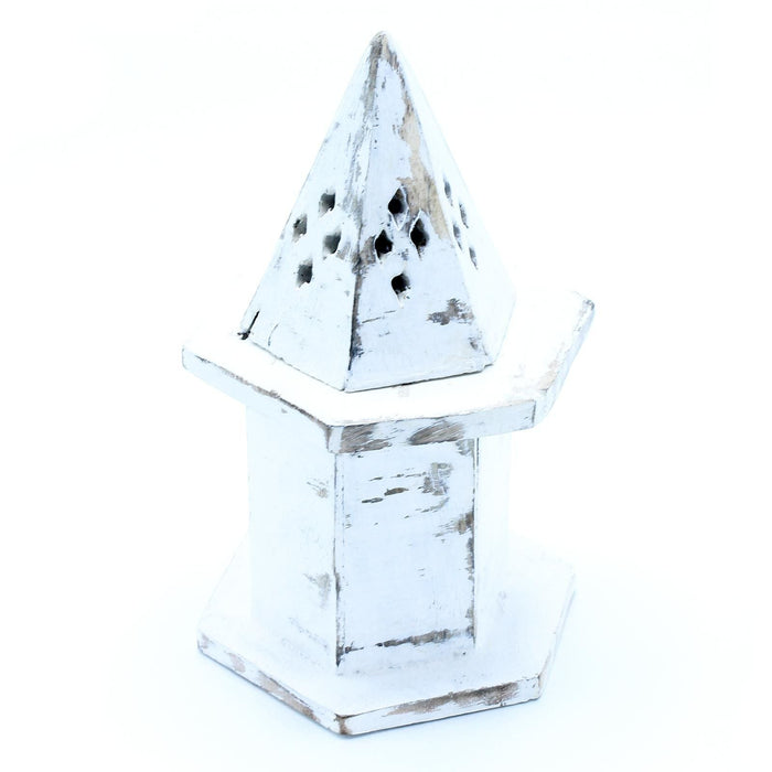 The Window, Milford Haven white-washed mango wood incense holder in a rustic mini pyramid house design.