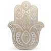 The Window, Milford Haven whitewashed mango wood Hamsa wall plaque with intricate hand-carved boho floral patterns.