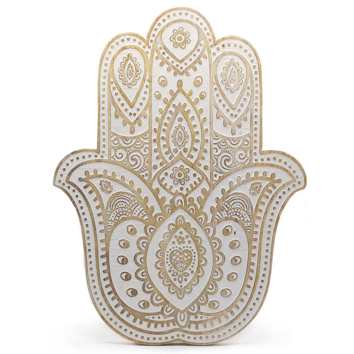 The Window, Milford Haven whitewashed mango wood Hamsa wall plaque with intricate hand-carved boho floral patterns.