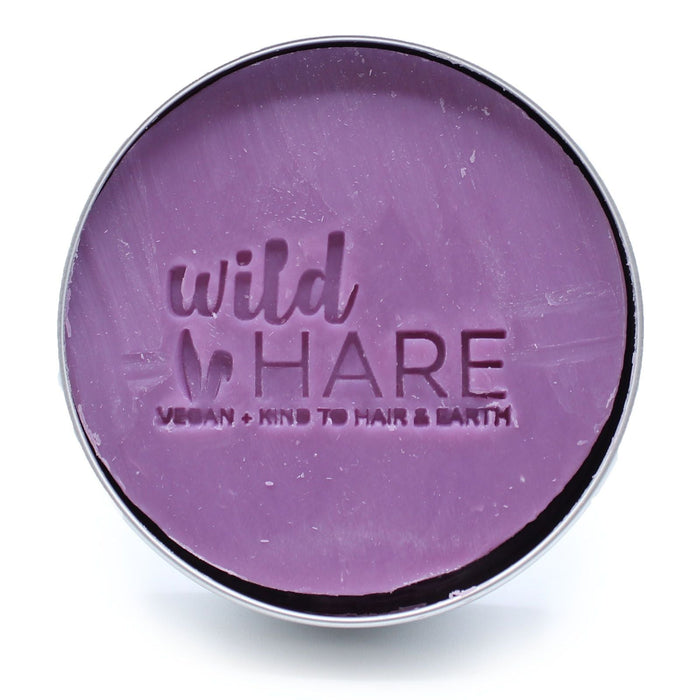 The Window, Milford Haven Wild Hare Tutti Frutti solid shampoo bar in a round metal tin with purple vegan formula.