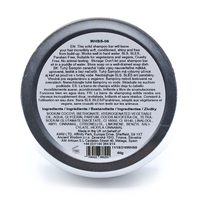 The Window, Milford Haven Wild Hare Papaya solid shampoo bar 60g tin base showing ingredients and product information.