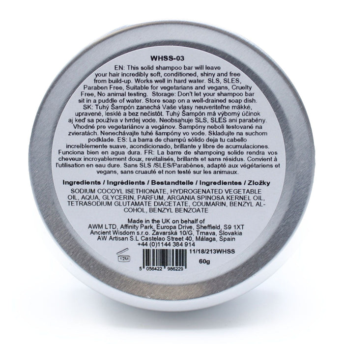 The Window, Milford Haven Wild Hare Hairy Coconut solid shampoo bar tin base with product information and ingredients