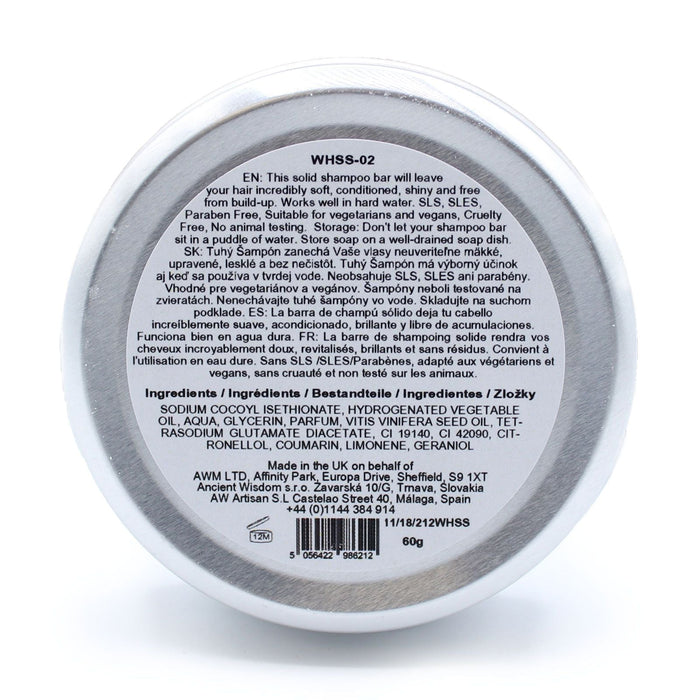 The Window, Milford Haven Wild Hare solid shampoo tin base showing ingredients and usage instructions in multiple languages
