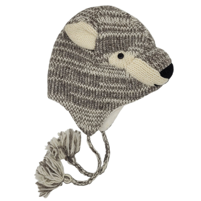 The Window, Milford Haven adult wolf hat in grey and white wool with fleece lining, ear-flaps, and braided tassels.