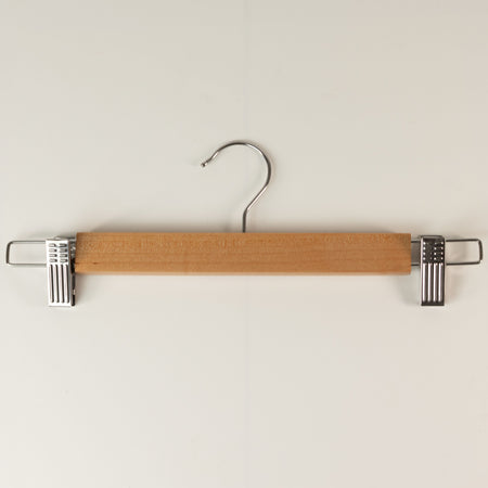 The Window, Milford Haven 33cm wooden trouser hanger with adjustable silver metal clips and a swivel hook.