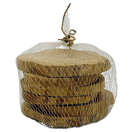 The Window, Milford Haven set of six natural coffee wood coasters in a white nylon mesh gift bag
