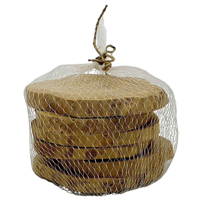 The Window, Milford Haven set of six natural coffee wood coasters in a white nylon mesh gift bag