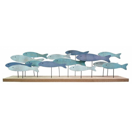 The Window, Milford Haven wooden shoal of blue fish on a veneered base with metal rods for nautical home decor.