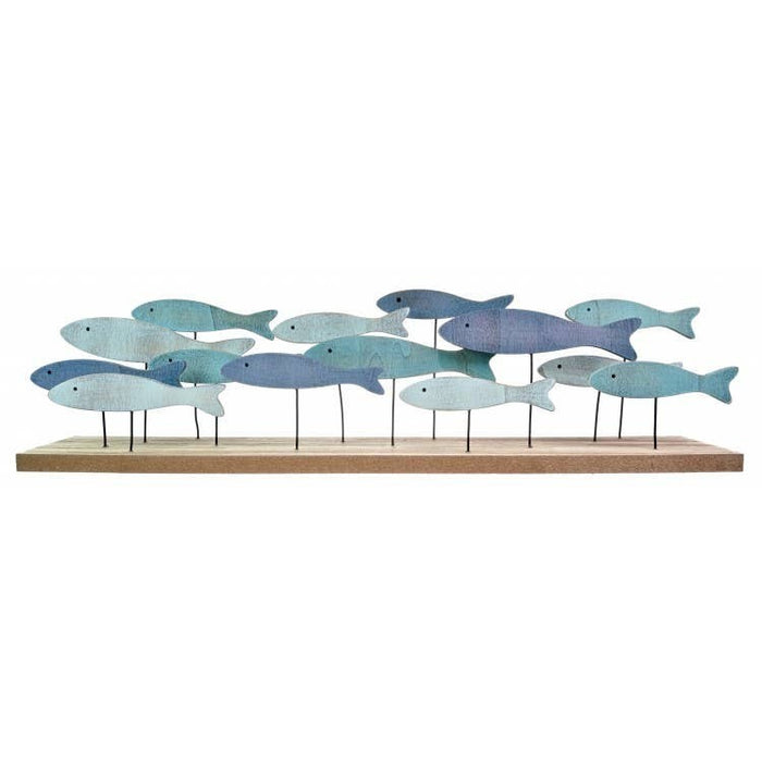 The Window, Milford Haven wooden shoal of blue fish on a veneered base with metal rods for nautical home decor.