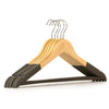 The Window, Milford Haven set of five natural wooden clothes hangers with non-slip dark grey shoulder and bar grips.