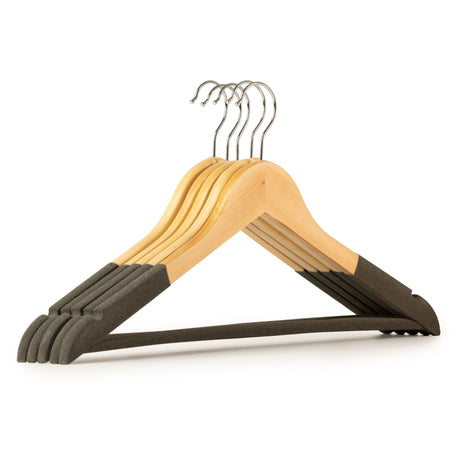 The Window, Milford Haven set of five natural wooden clothes hangers with non-slip dark grey shoulder and bar grips.