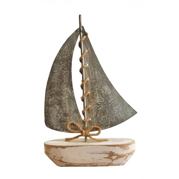 The Window, Milford Haven rustic wooden boat ornament with a distressed metal sail and decorative jute rope detail.