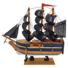 The Window, Milford Haven wooden pirate ship model with black fabric sails, skull and crossbones, and metal anchor.
