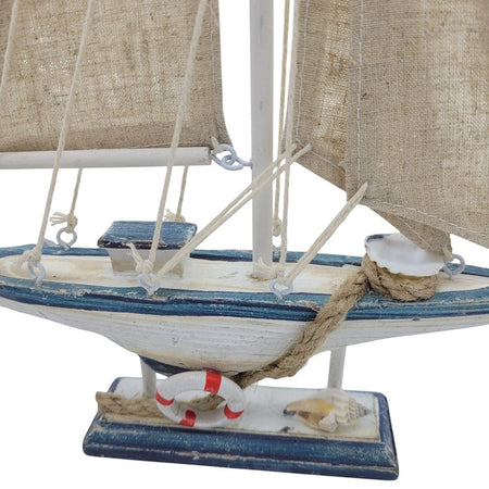 The Window, Milford Haven small wooden sailing boat ornament with fabric sails and decorative life ring detail.