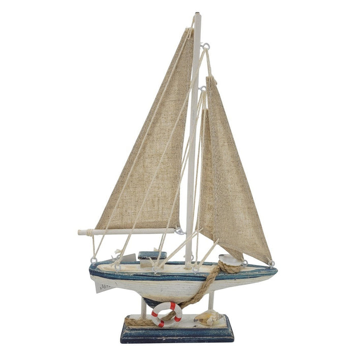 The Window, Milford Haven small wooden sailing boat ornament with fabric sails and a miniature life ring.