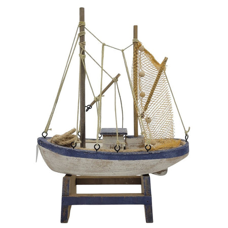 The Window, Milford Haven large wooden trawler model with rustic blue and white finish, rope rigging, and fishing net.