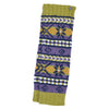 The Window, Milford Haven hand-knitted wool leg-warmers in purple, green, and yellow Fair Isle pattern.