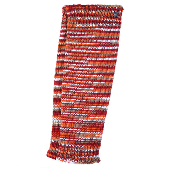The Window, Milford Haven hand-knitted wool leg-warmers in electric lava orange and red striped pattern