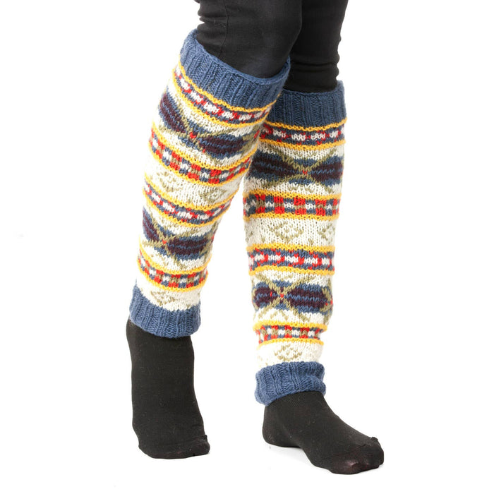 The Window, Milford Haven hand-knitted wool leg-warmers in Cosmos and Valley patterns with fleece-lined cuffs.