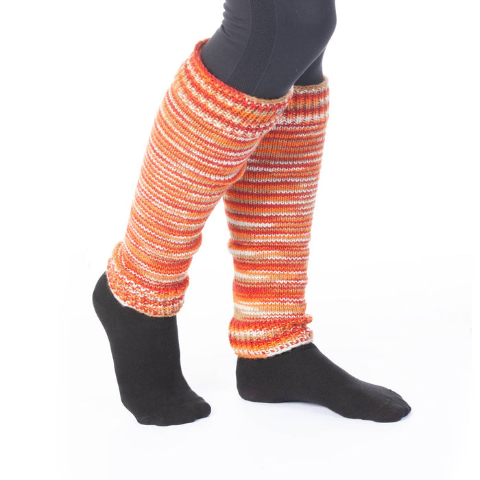 The Window, Milford Haven pure wool leg-warmers in electric lava striped pattern with fleece-lined cuffs.