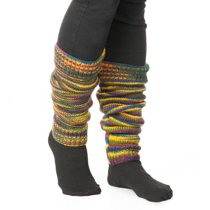 The Window, Milford Haven hand-knitted wool leg-warmers in multi-coloured lightning pattern with fleece-lined cuffs.