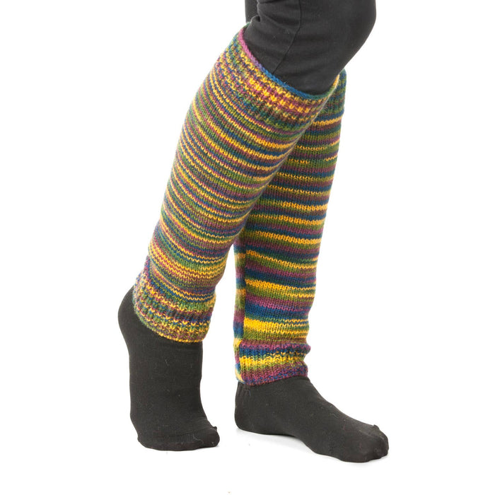The Window, Milford Haven hand-knitted wool leg-warmers in a multi-coloured striped lightning pattern with fleece lining