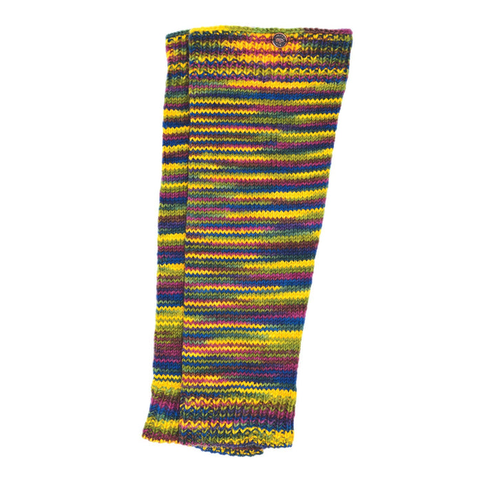 The Window, Milford Haven hand-knitted pure wool leg-warmers in a vibrant multi-coloured electric lightning stripe pattern