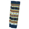 The Window, Milford Haven hand-knitted wool leg-warmers in Cosmos blue with a multi-coloured Fair Isle pattern.