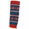 The Window, Milford Haven hand-knitted wool leg-warmers in cosmos and spice with a Fair Trade geometric pattern.