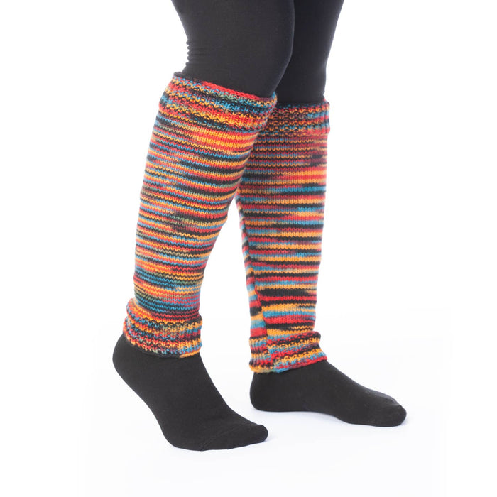 The Window, Milford Haven hand-knitted pure wool leg-warmers in multi-coloured Electric Thunder striped pattern.