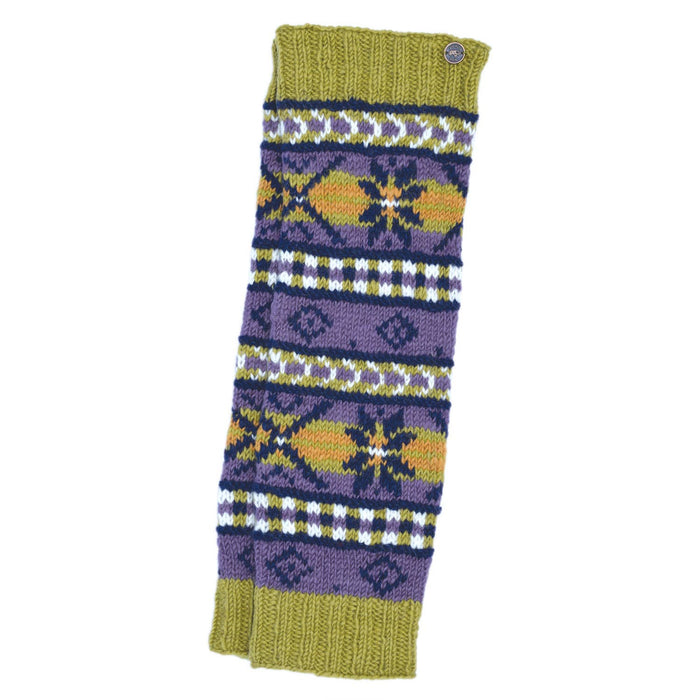 The Window, Milford Haven hand-knitted wool leg-warmers in purple, green, and yellow Fair Isle pattern.