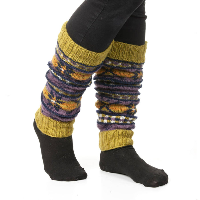 The Window, Milford Haven hand-knitted wool leg-warmers in Cosmos and Highland patterns with fleece-lined cuffs.