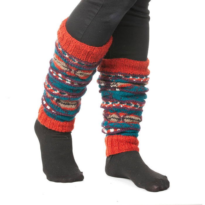 The Window, Milford Haven hand-knitted wool leg-warmers in cosmos and spice multi-coloured Fair Trade pattern