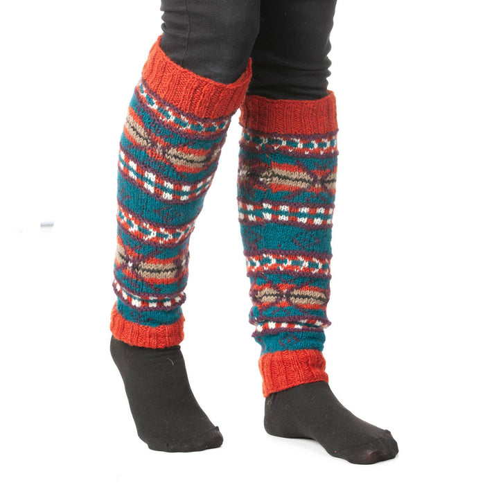 The Window, Milford Haven hand-knitted wool leg-warmers in cosmos and spice patterned design with fleece-lined cuffs.