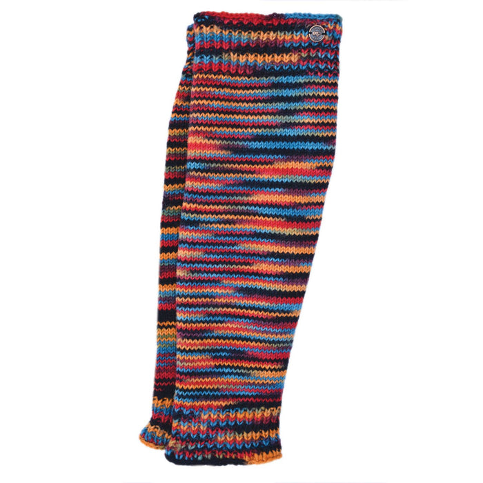 The Window, Milford Haven hand-knitted pure wool leg-warmers in electric thunder multi-coloured striped pattern