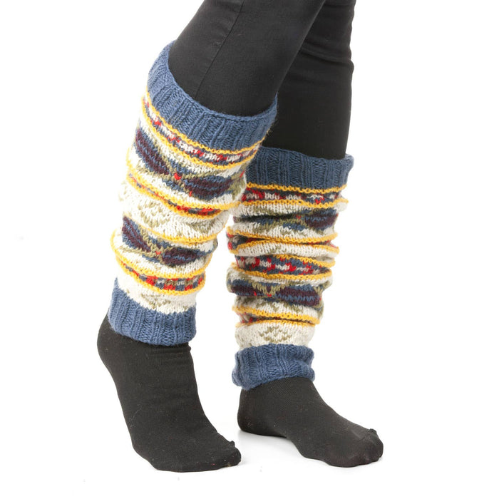The Window, Milford Haven hand-knitted pure wool leg-warmers in Cosmos and Valley patterns with fleece-lined cuffs.