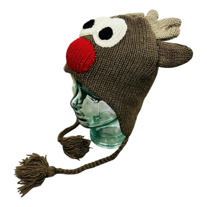 The Window, Milford Haven handmade wool reindeer hat with red nose, ear-flaps, and soft fleece lining for adults.