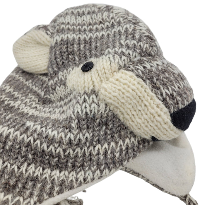 The Window, Milford Haven handmade wool wolf hat in grey and cream with fleece lining and ear flaps