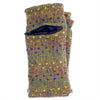 The Window, Milford Haven gold heather wool wrist-warmers with rainbow tick pattern and functional zip pocket.